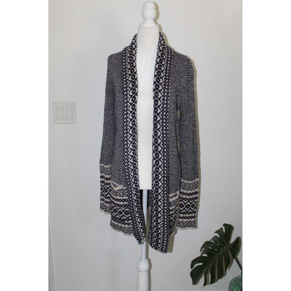 Lucky Brand Women's Navy Blue Cream Geometric Intarsia Open Front Cardigan Small